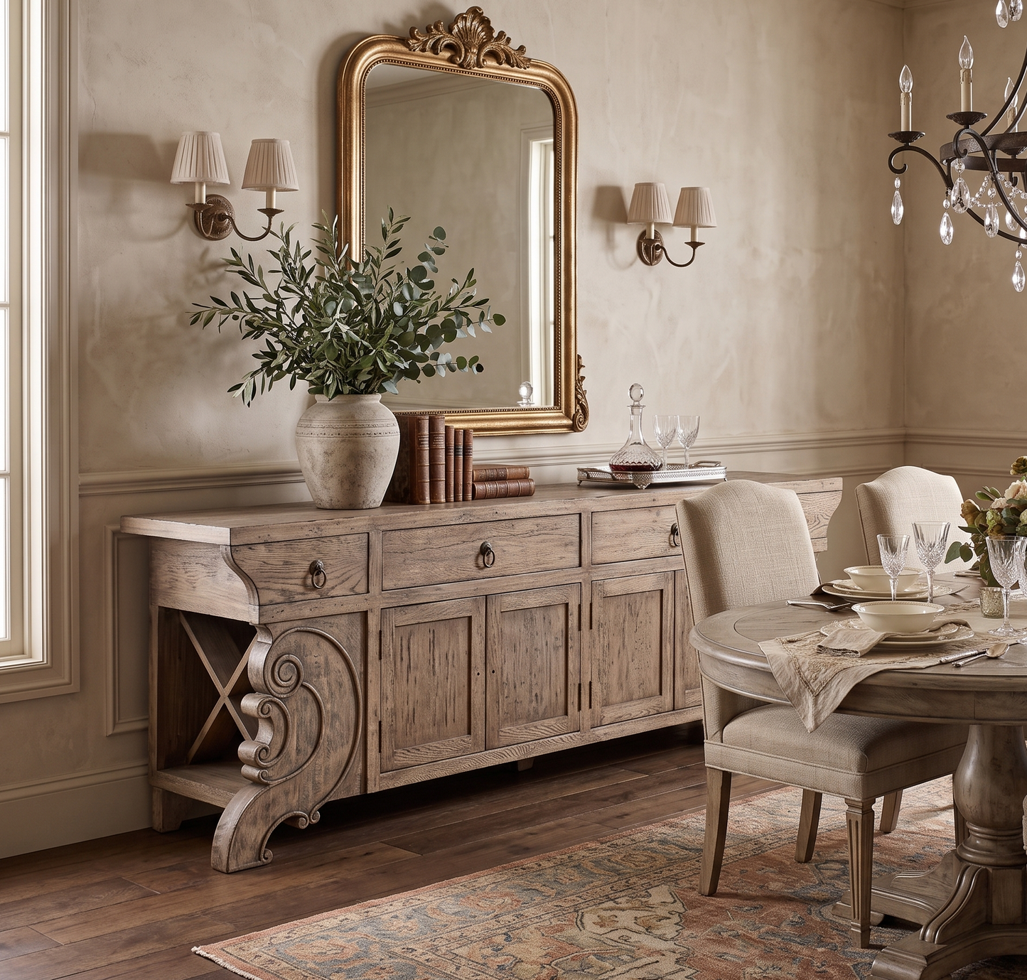 Dining room with wooden sideboard, round table, and chairs.