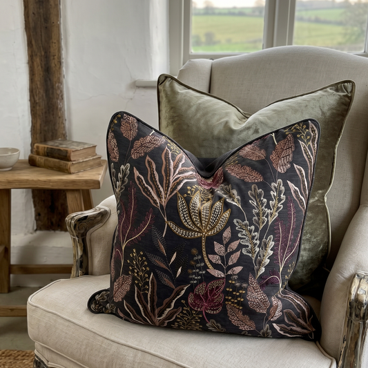 Decorative pillows on a sofa with a wooden side table and window view in the background