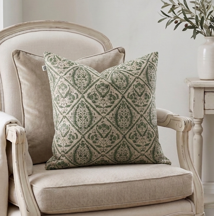 Jaipur Green Block Print 100% Linen Cushion - 50cm x 50cm
