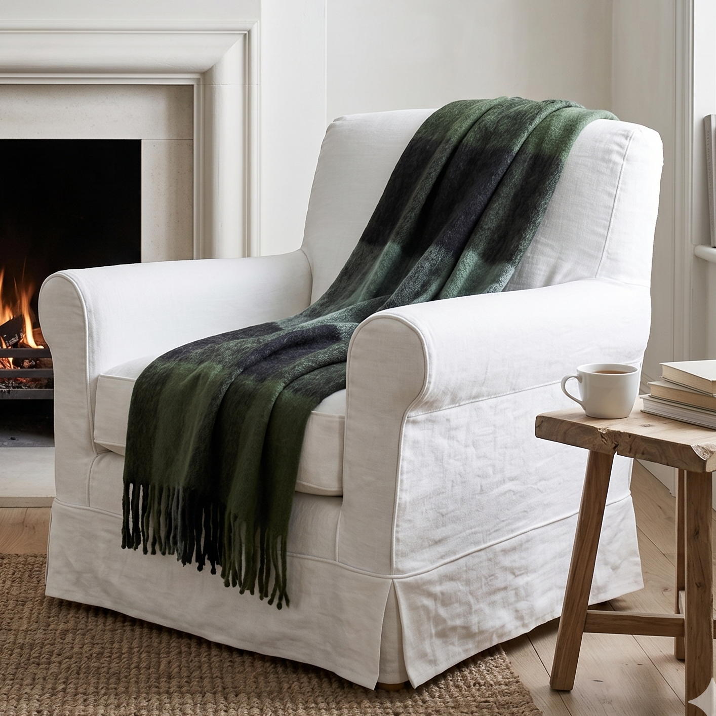 White armchair with a green blanket in front of a fireplace in a cozy living room.