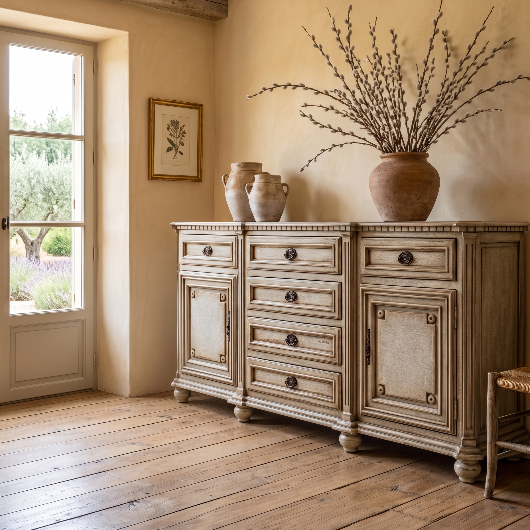 Wooden sideboard with decorative vases and a plant in a rustic room.