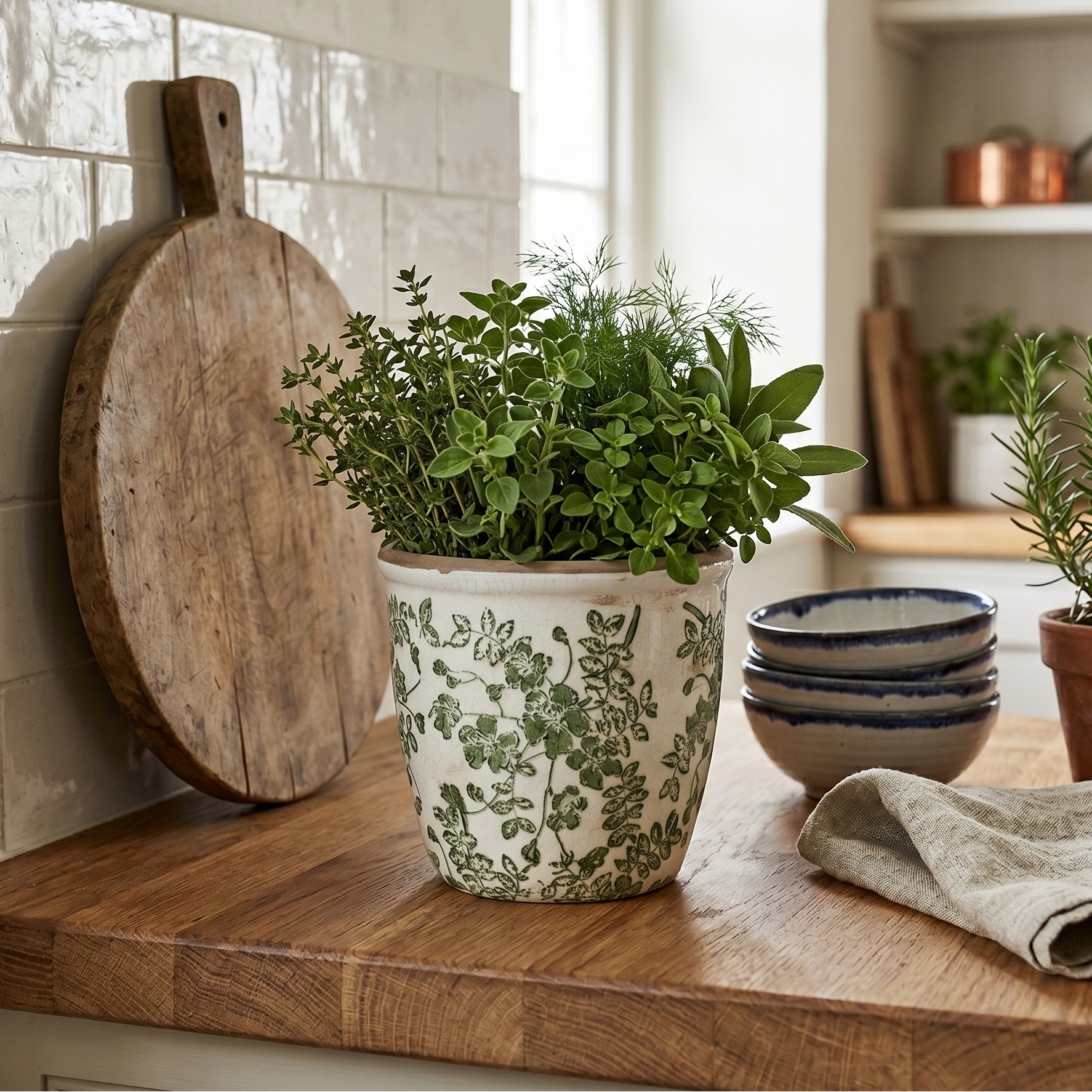 Kitchen counter with potted plants, a cutting board, and bowls.