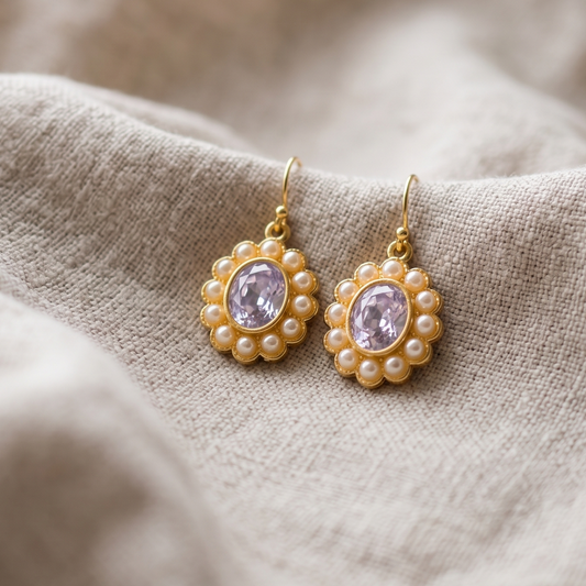 Oval Crystal & Faux Pearl Drop Earrings