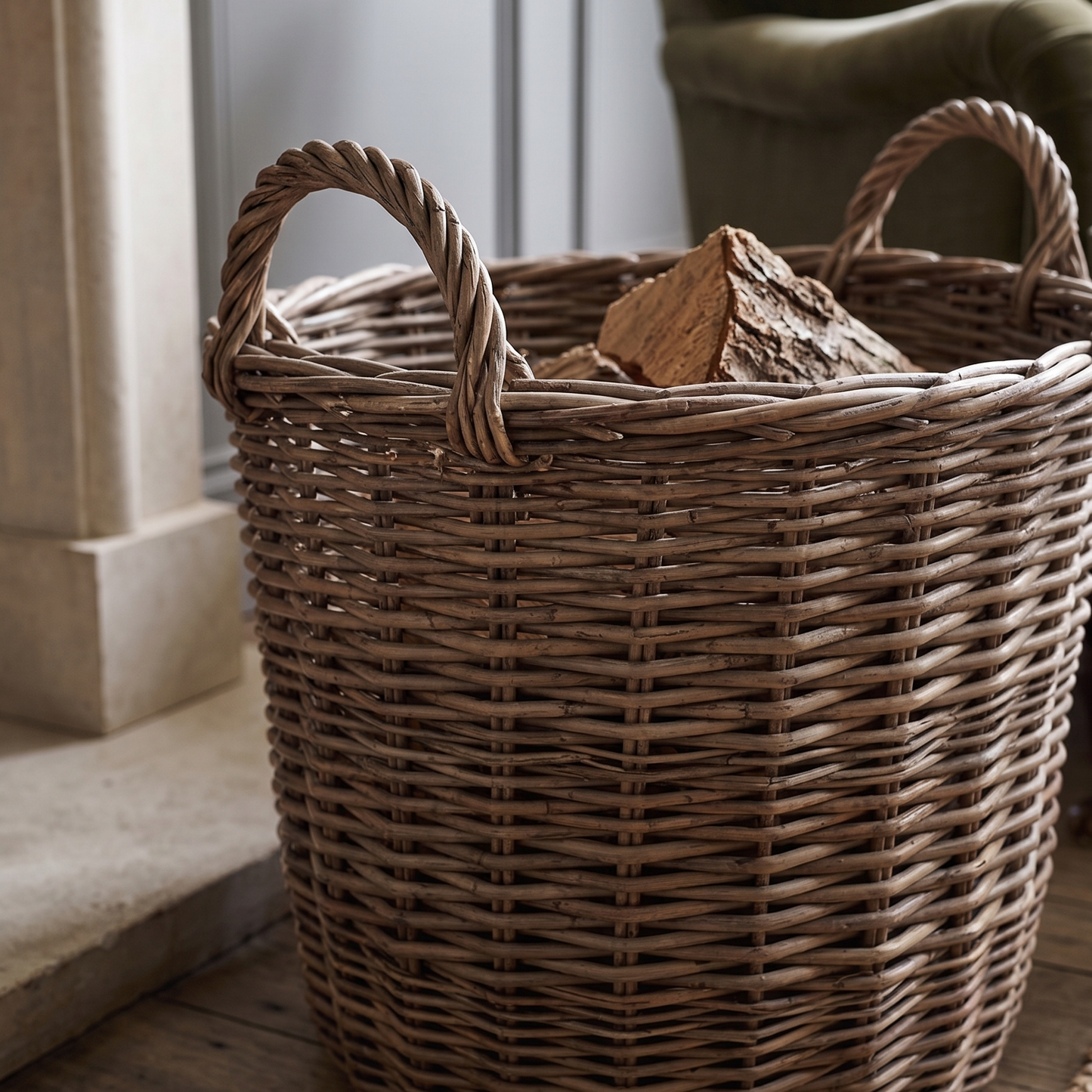 Wicker basket with handles containing firewood on a wooden floor.
