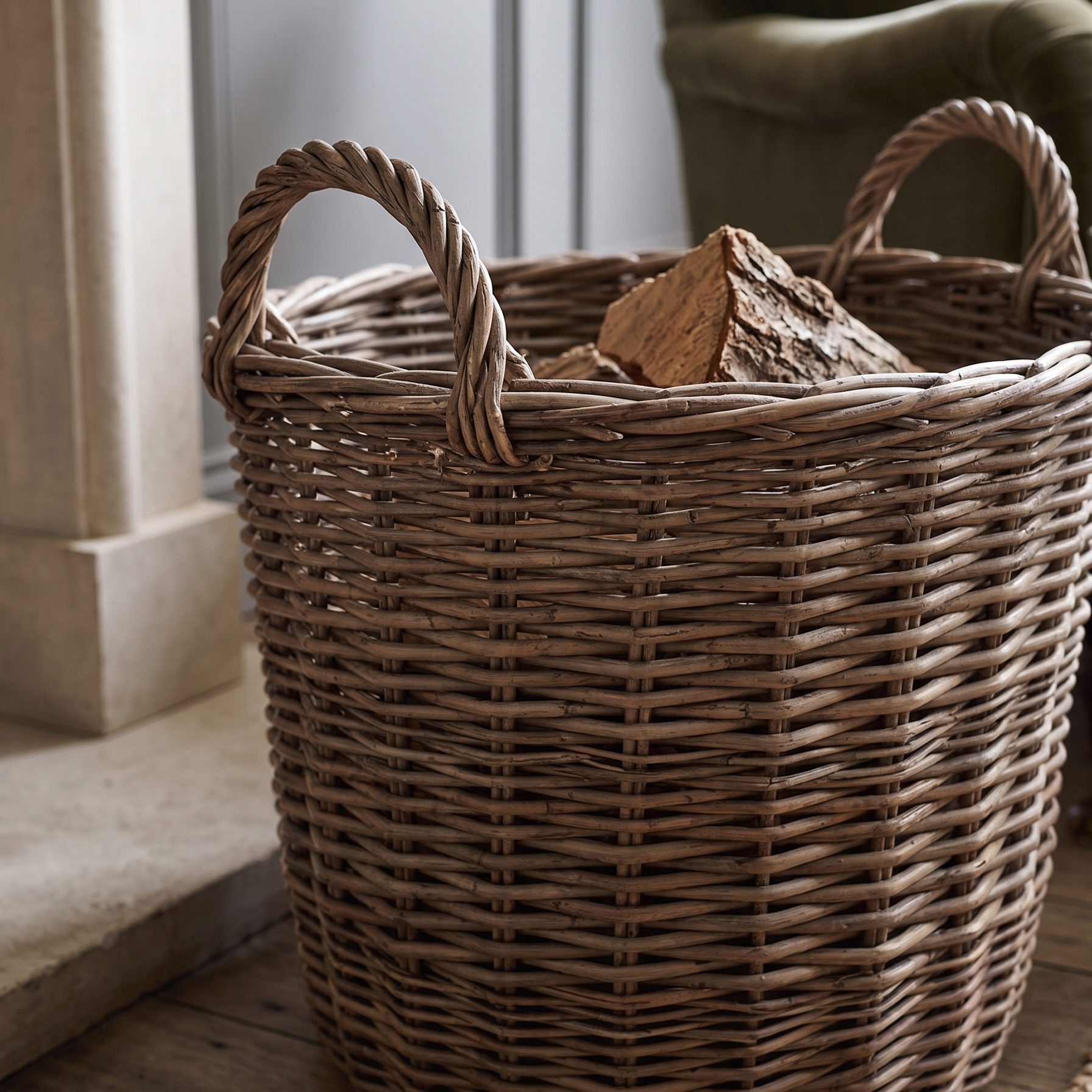 Wicker basket with handles containing firewood on a wooden floor.