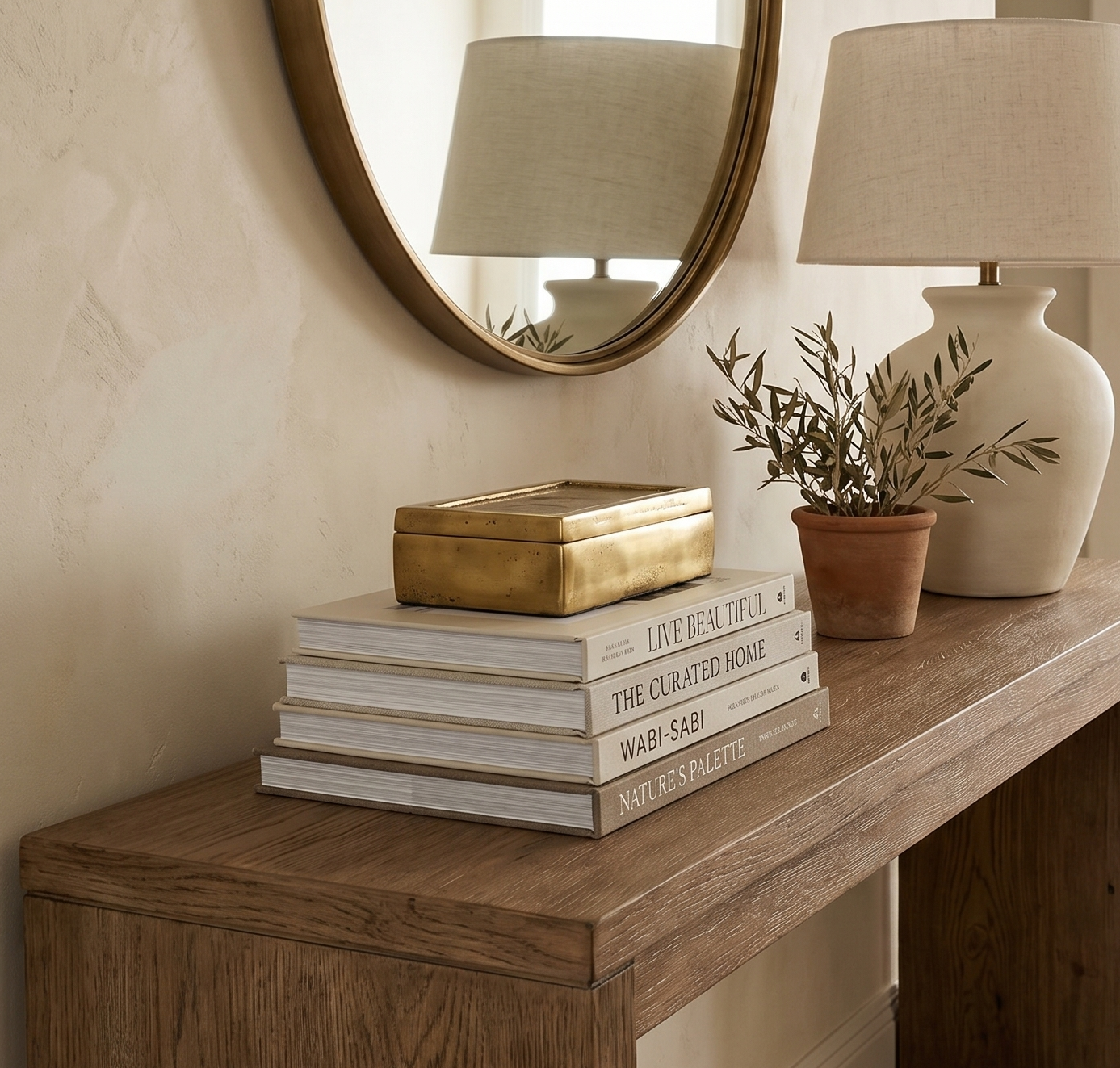 Wooden console table with decorative items in a home setting