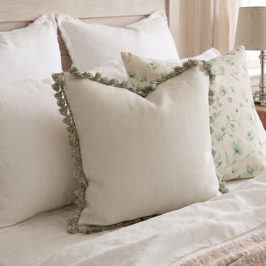 Neatly arranged pillows on a bed with a lamp in the background
