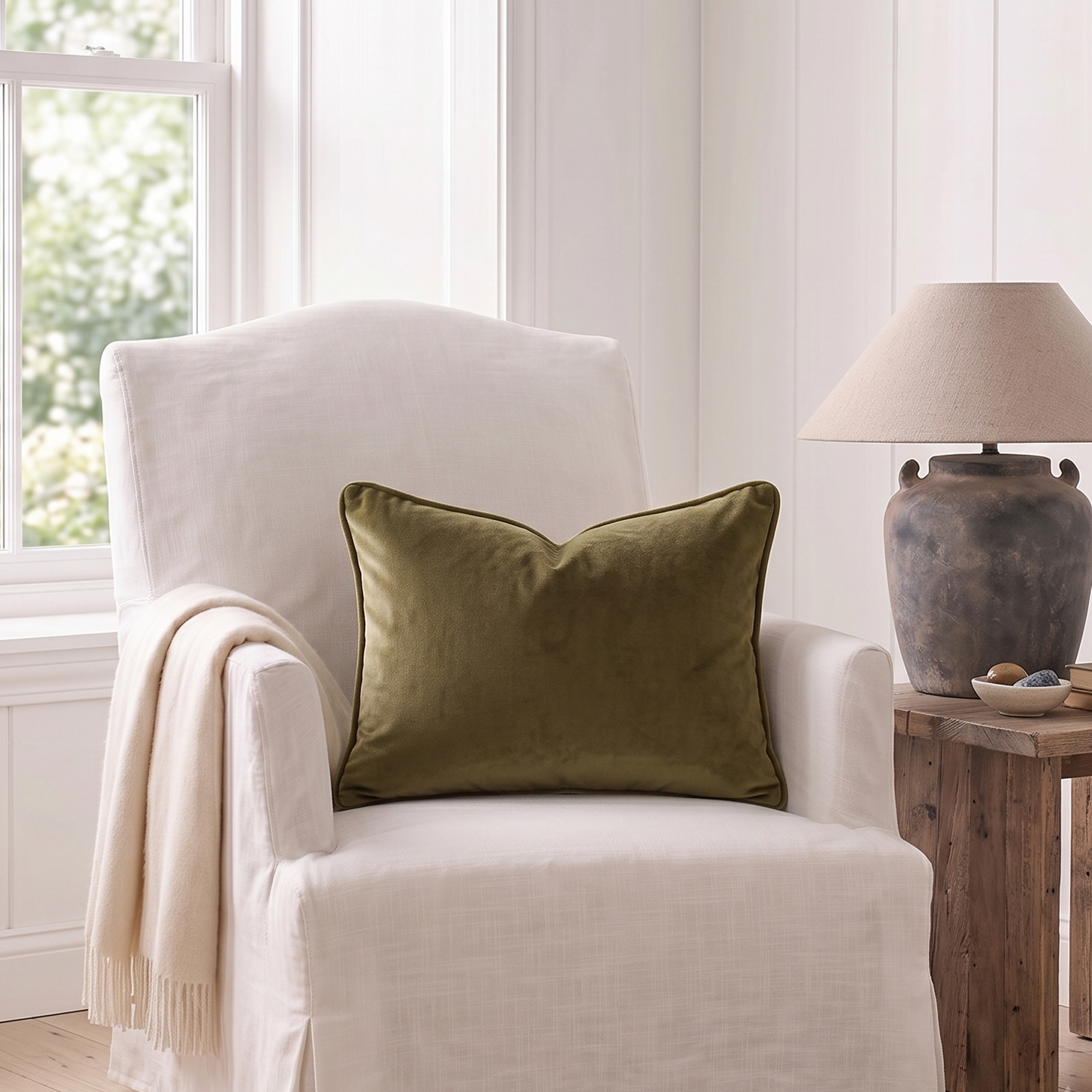An off-white slipcovered armchair in a bright room, styled with an olive green velvet throw pillow and a cream fringed throw blanket. A rustic wooden side table with a gray ceramic table lamp sits next to the chair.