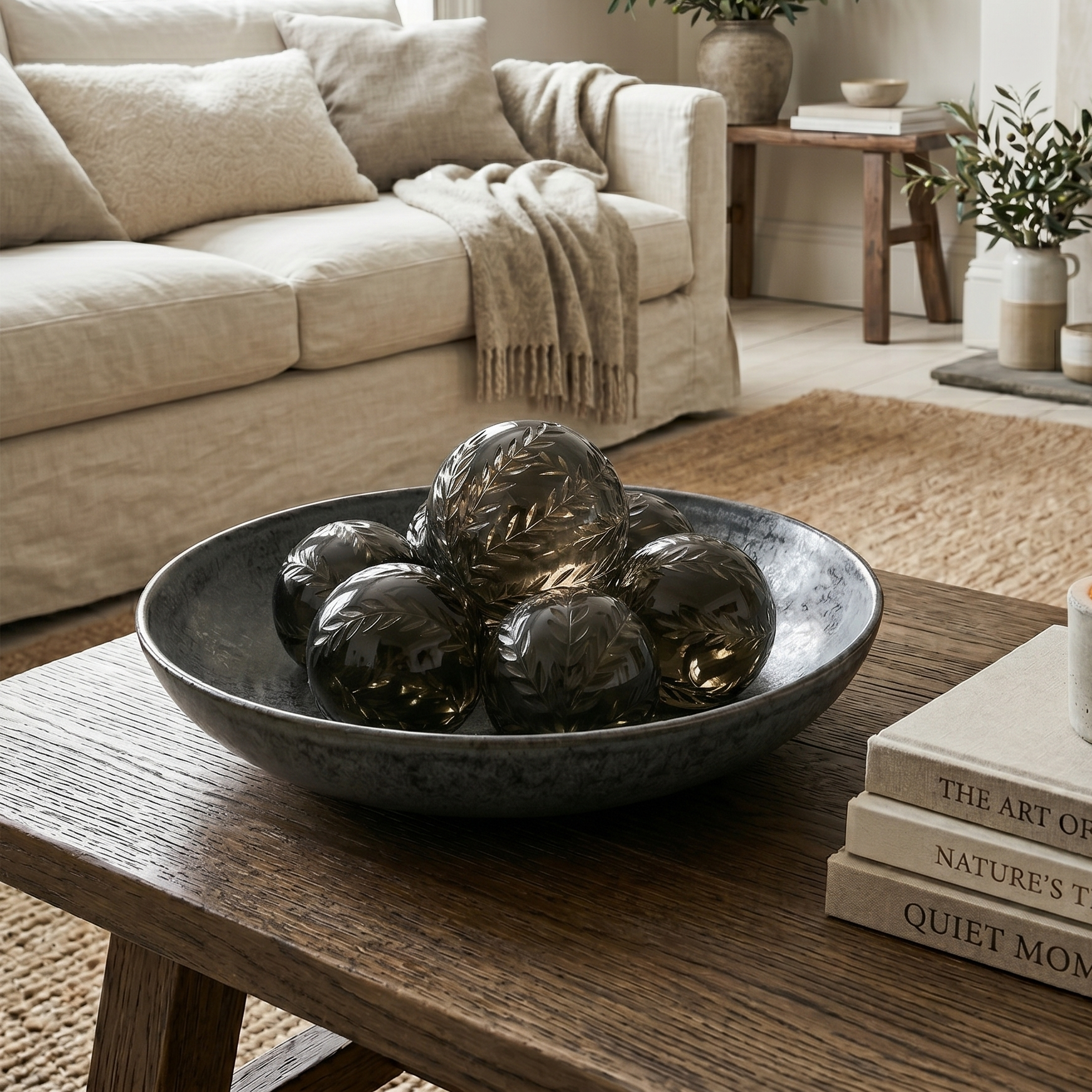 Living room with a beige sofa, decorative bowl, and books on a wooden table.