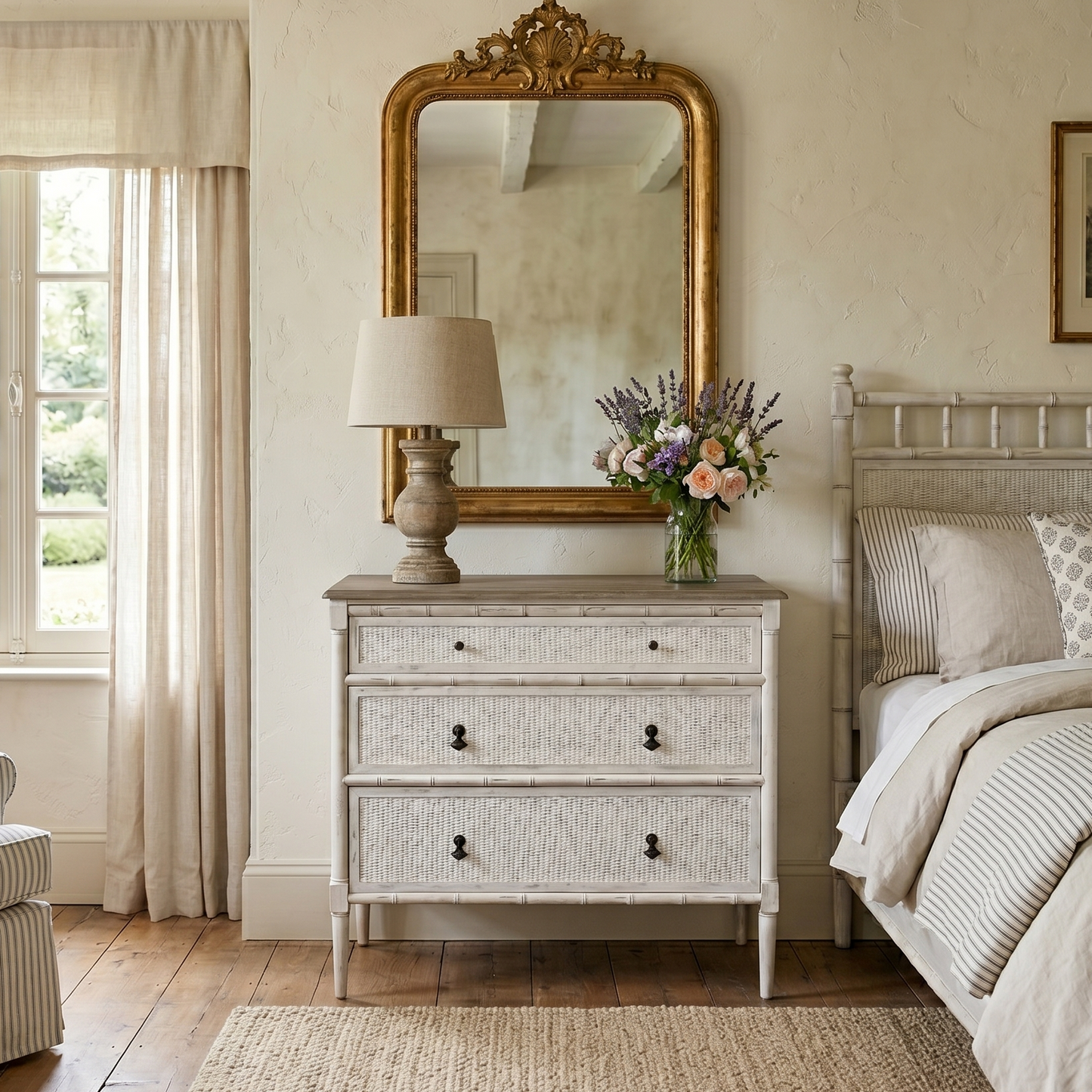 Neatly arranged bedroom with a dresser, mirror, and bed.