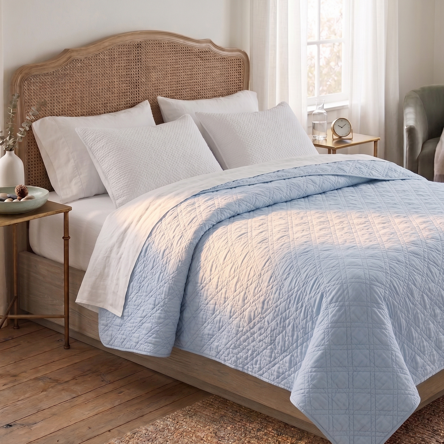 Marseilles Double Diamond 100% Cotton Queen Size Quilt - Sky Blue
