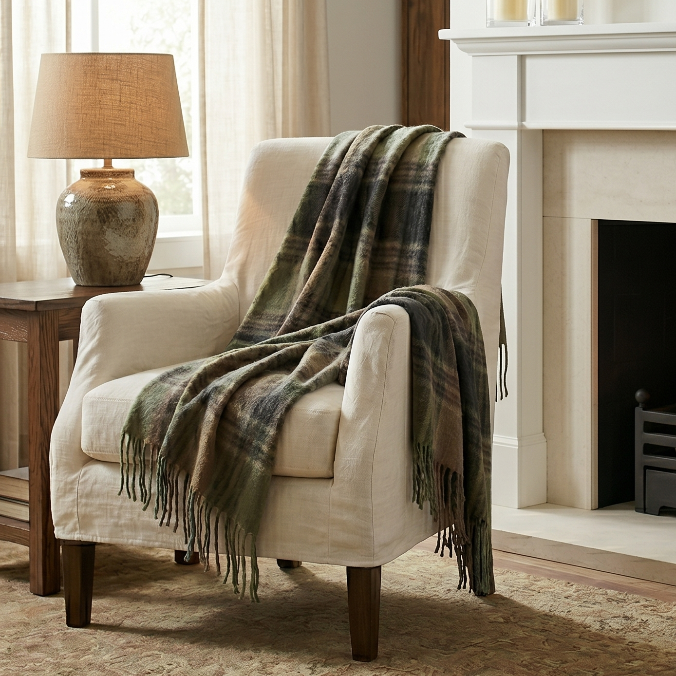 Cozy living room with a fireplace, armchair, and decorative elements.