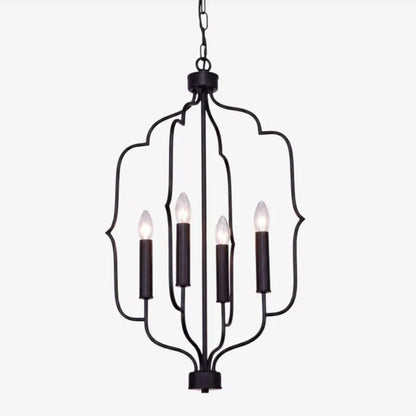 A five-light hanging chandelier with a black metal frame and decorative scrollwork, shown against a plain light gray background.