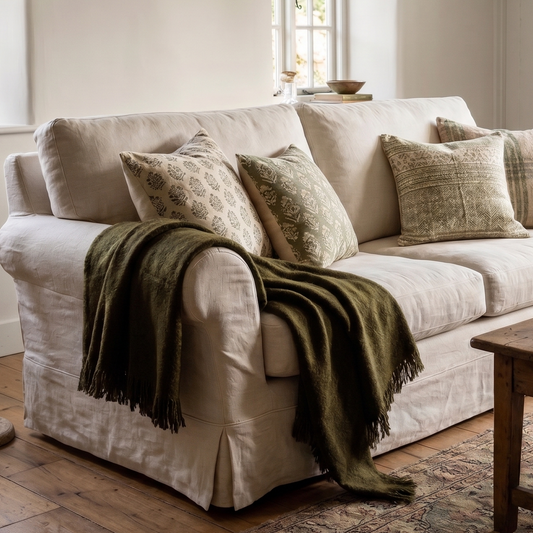 Cozy living room with a beige sofa, wooden coffee table, and decorative elements.