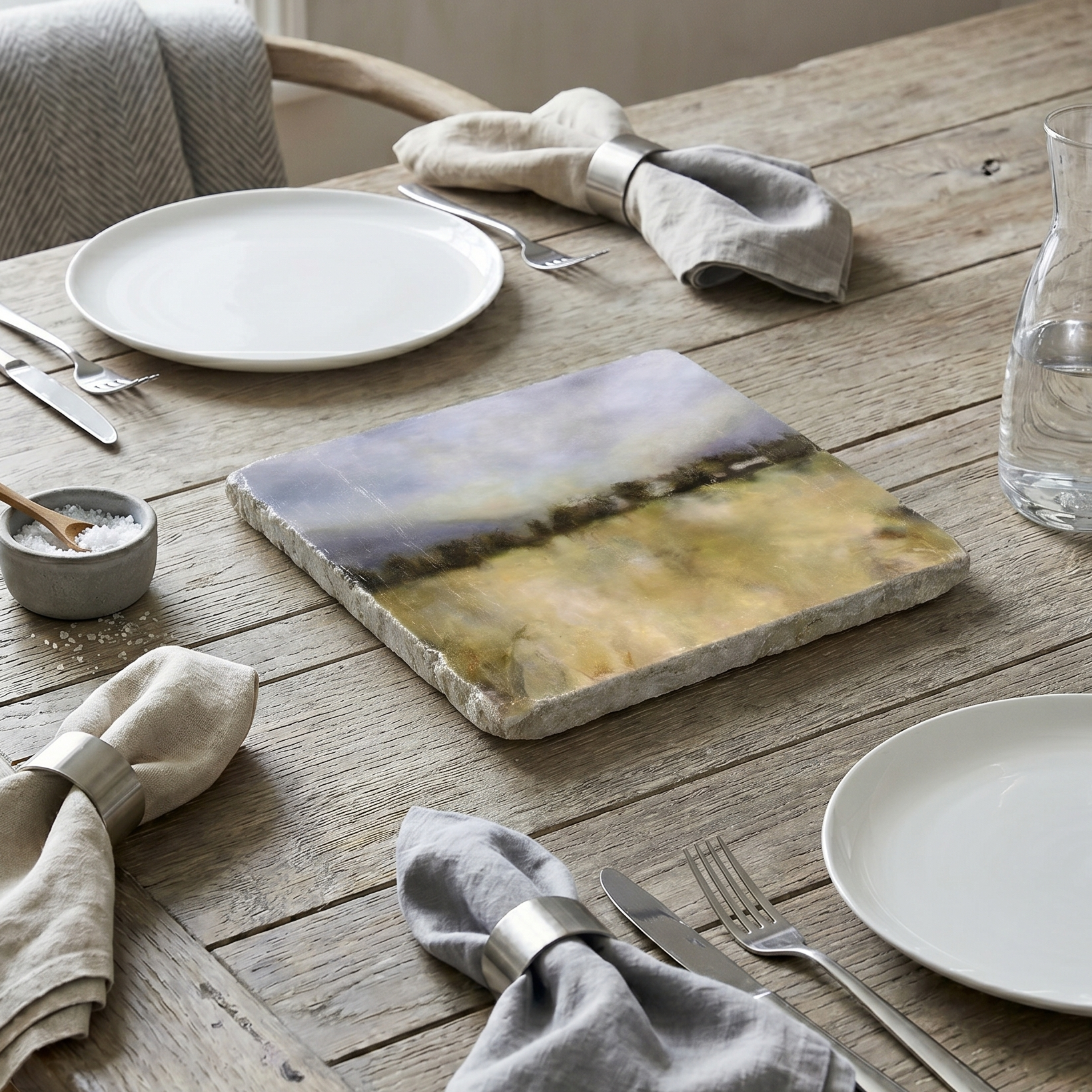 Dining table setting with plates, napkins, and a scenic coaster.
