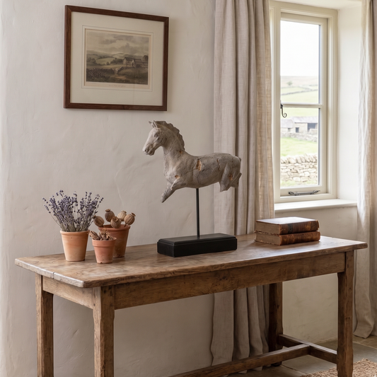 Wooden table with decorative horse sculpture in a room 