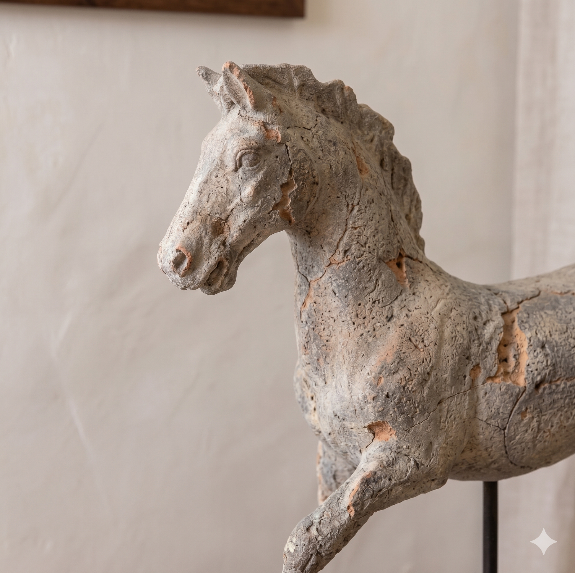 Vintage-style horse sculpture on a stand against a neutral background
