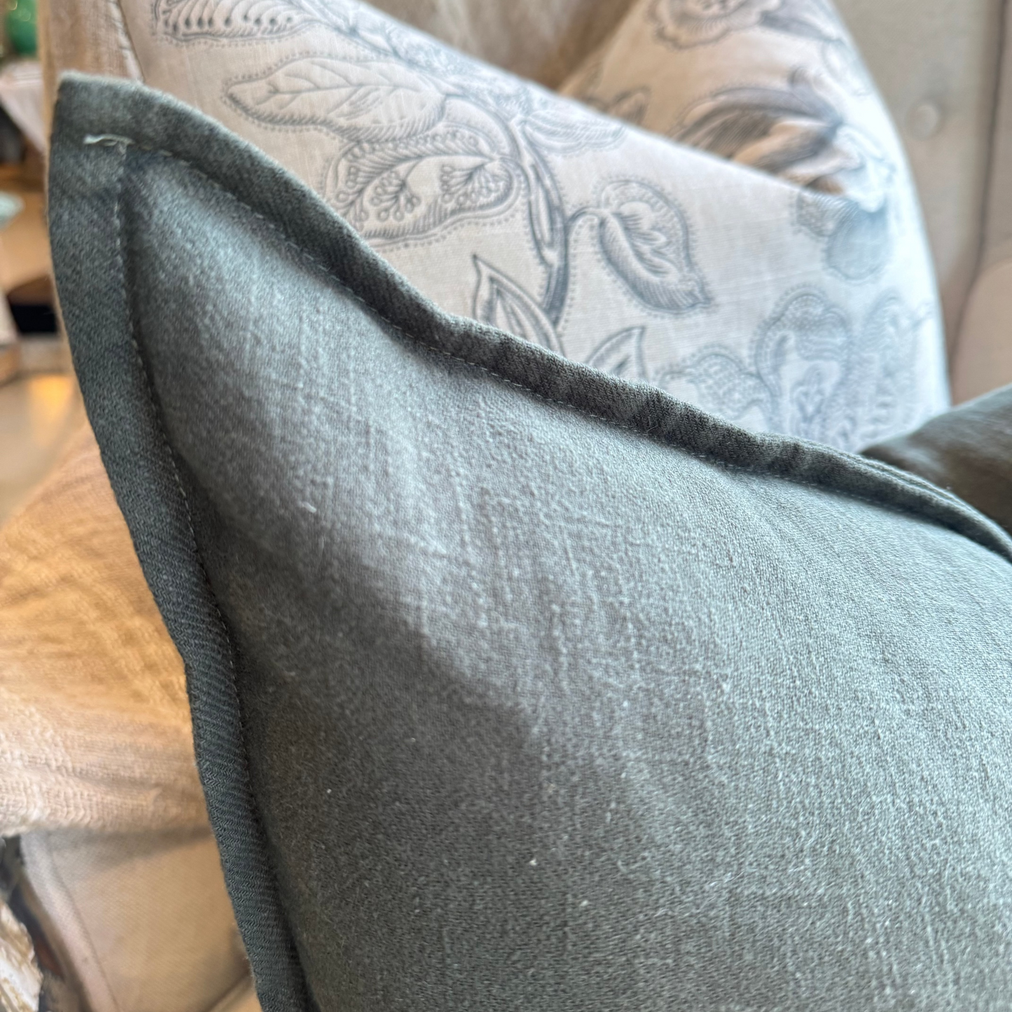 Khaki Green Linen Lumbar Cushion