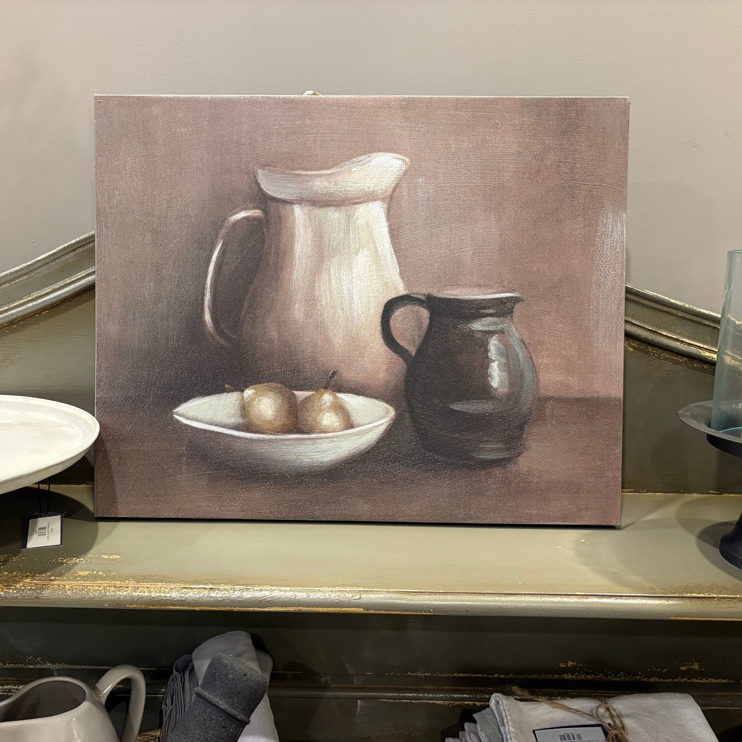 Golden Pears & Rustic Jugs Still Life Art on Canvas
