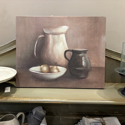 Golden Pears & Rustic Jugs Still Life Art on Canvas