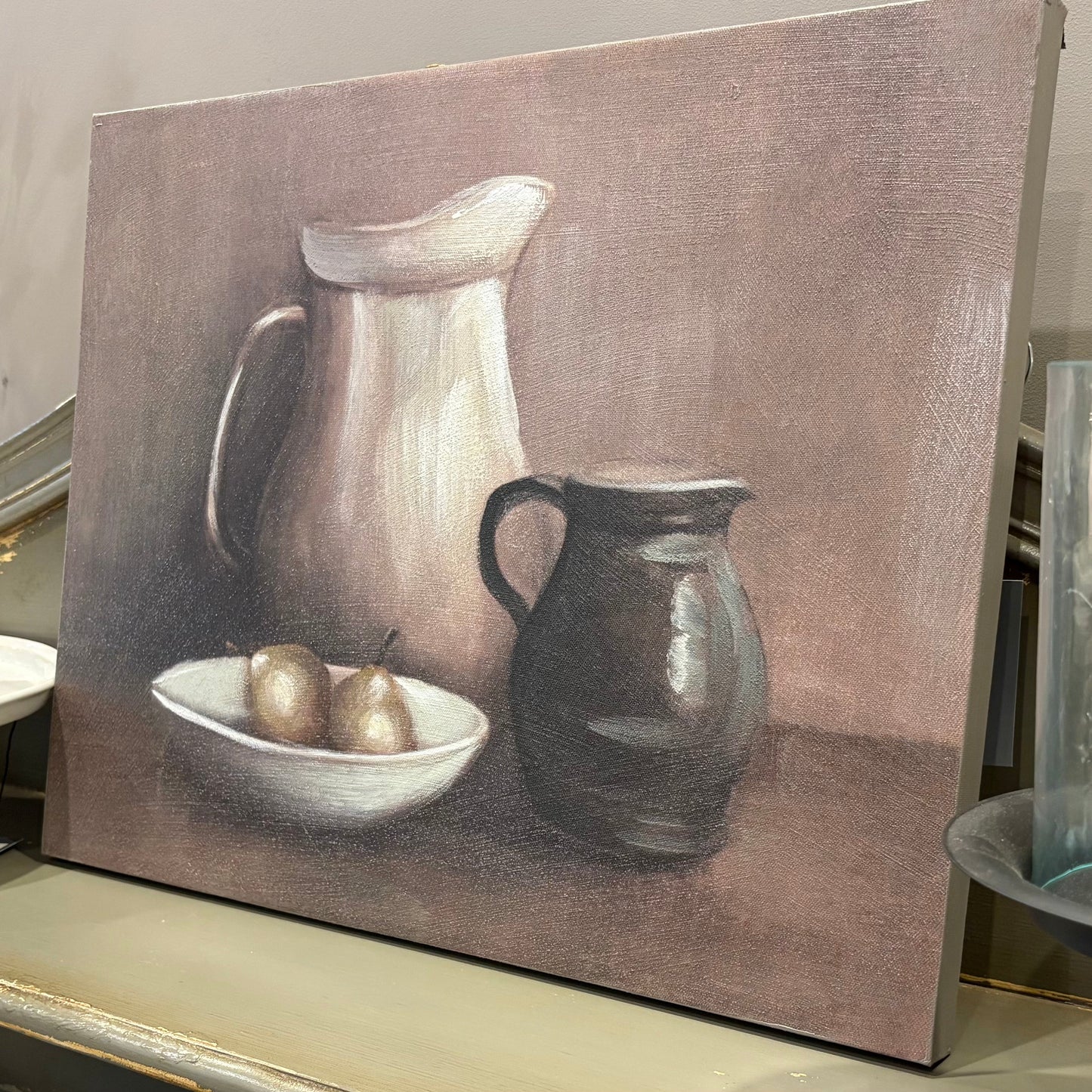 Golden Pears & Rustic Jugs Still Life Art on Canvas