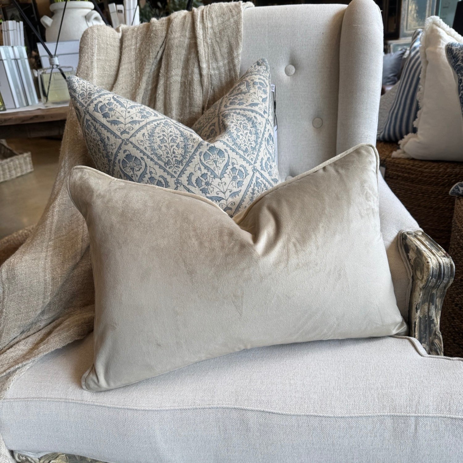 Experience ultimate comfort and luxury with our Sand Velvet Lumbar Cushion. Designed with a concealed zipper for easy use, this cushion adds style to any space. Filled with feather inserts for optimal softness and easily washable on a delicate cycle.