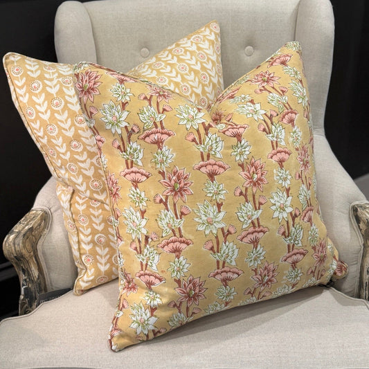 Lotus Bloom Block Printed Linen Cushion 55cm x 55cm