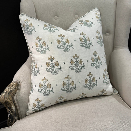 Elevate your home decor with the Imperial Bloom Block Printed Linen Cushion, seamlessly combining the age-old technique of block printing with luxurious 100% organic linen. Featuring a captivating floral pattern on a off white background, this cushion includes a hypoallergenic micro-fibre cotton insert for unparalleled comfort.

Block printing on fabric is a traditional, handcrafted process that naturally results in slight inconsistencies. These variations are not flaws but rather a hallmark of the techniqu