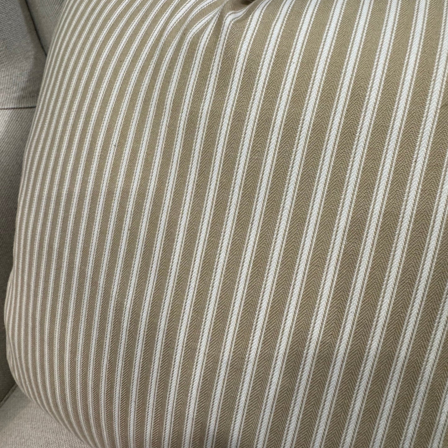 Elevate your interior with the Emily Blue &amp; Taupe Floral Cushion, masterfully crafted using superior fabrics. The sophisticated floral pattern displays captivating blue and taupe hues on a pristine ivory canvas, drawing admiring glances in any setting. Flip to reveal a refined ochre ticking stripe complemented by rich deep blue piping for versatile styling options. 