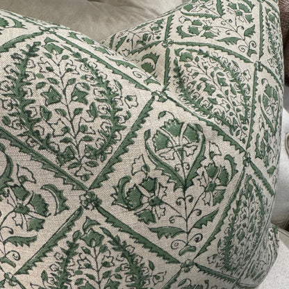 Indulge in the exquisite Jaipur Green Block Print Linen Cushion by Swedish Designer CHAMOIS. This luxurious accent showcases an intricate Indian block print pattern on sumptuous 100% Belgian linen, creating an unparalleled statement piece for your home. The premium feather insert provides exceptional comfort while the durable fabric ensures lasting beauty. Transform your interior with this sophisticated 50cm x 50cm cushion that perfectly balances artisanal craftsmanship with contemporary elegance.
