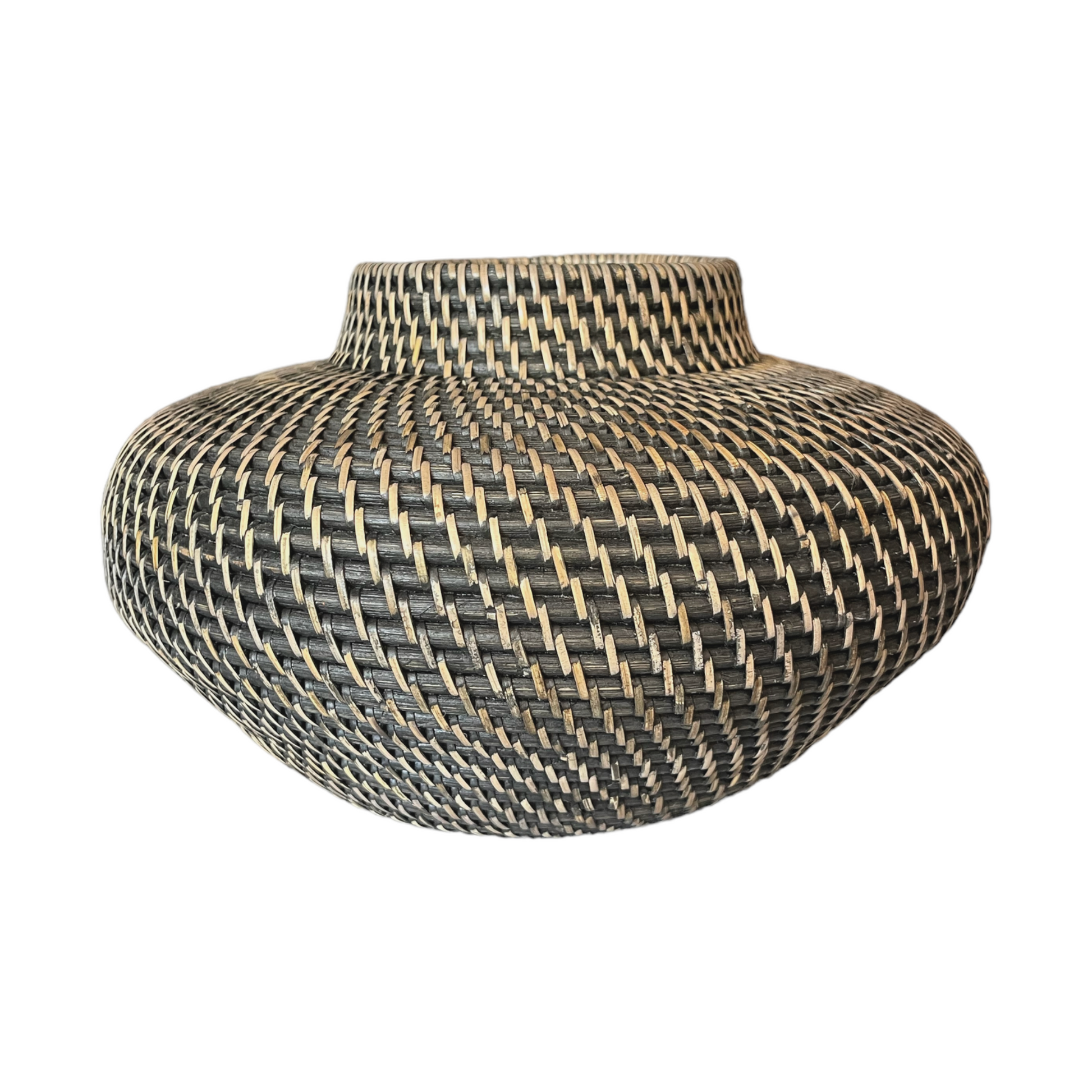 This stylish Handcrafted Mentari Black &amp; Natural Rattan Bowl brings a classic, traditional feel to your home. Its intricate weave adds a beautiful decorative touch and is made to last. It is hand-made with high-quality rattan wood and is highly durable. Front.