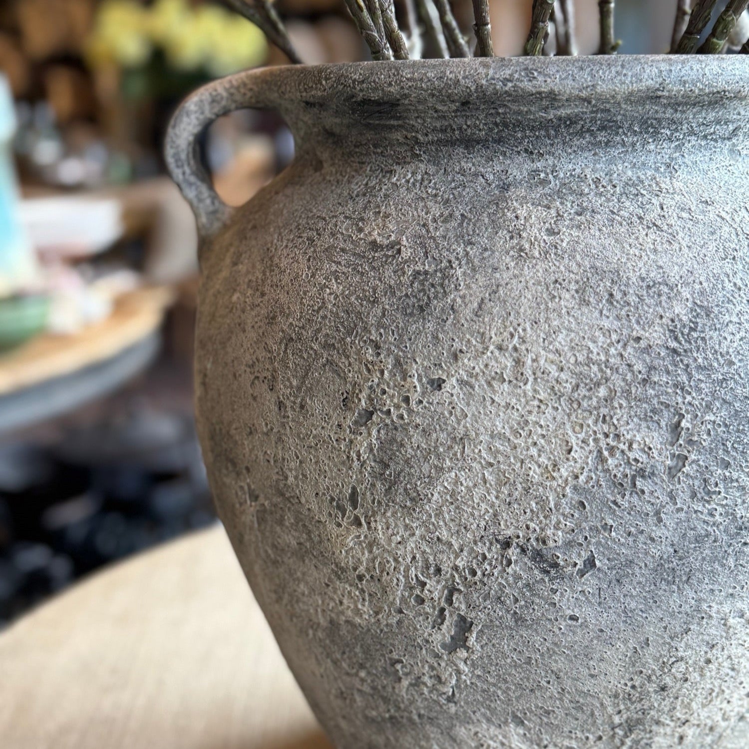 Textured gray pot with willow branches on a blurred background
