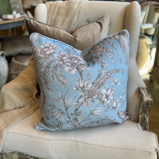 Taupe & Powder Blue Botantical Velvet Cushion 50cm x 50cm