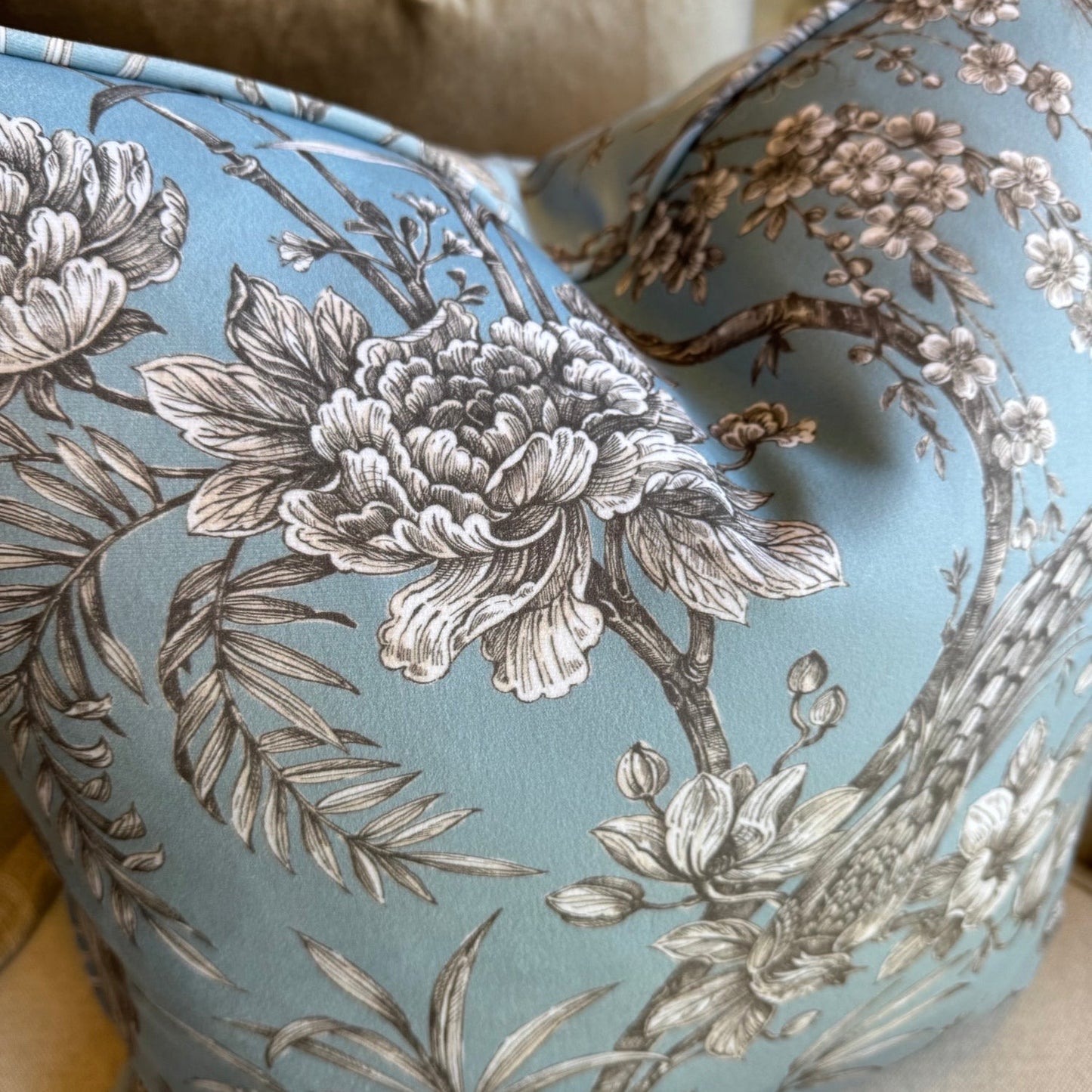 Taupe & Powder Blue Botantical Velvet Cushion 50cm x 50cm