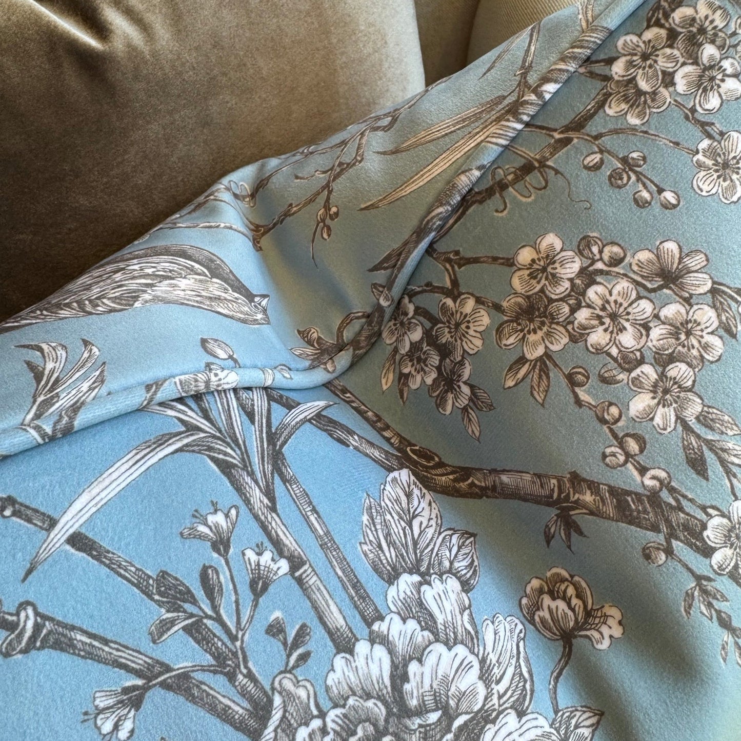 Taupe & Powder Blue Botantical Velvet Cushion 50cm x 50cm