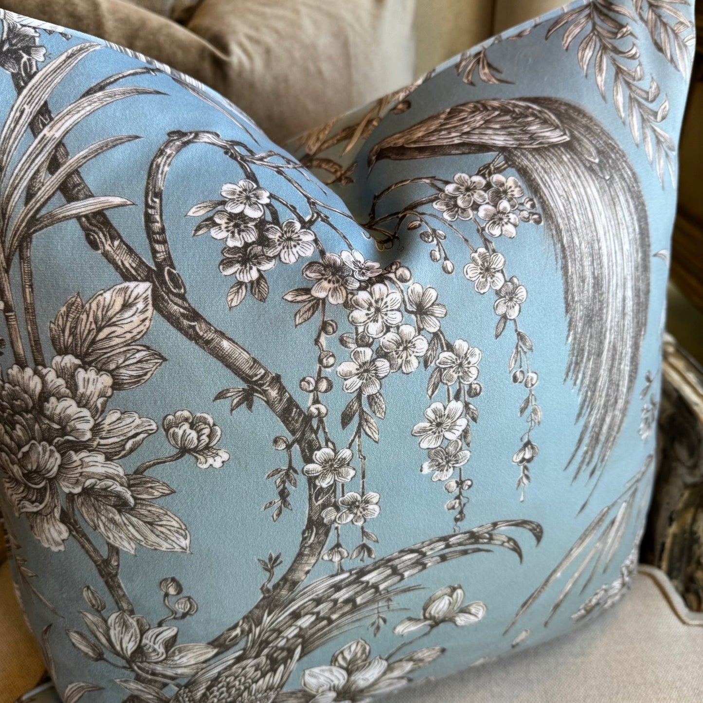 Taupe & Powder Blue Botantical Velvet Cushion 50cm x 50cm