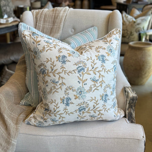Imperial Blue Bloom Block Printed Linen Cushion 55cm x 55cm