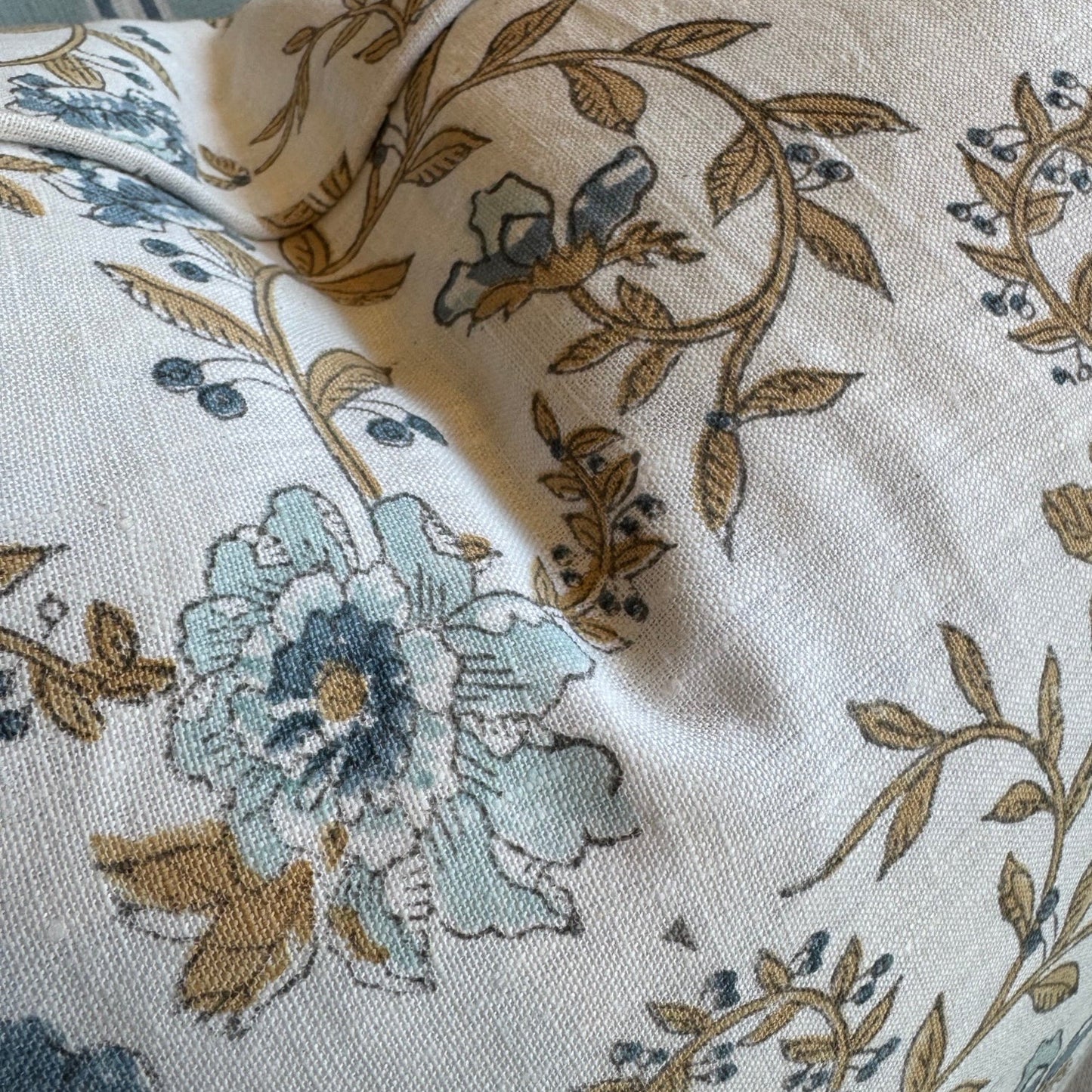 Imperial Blue Bloom Block Printed Linen Cushion 55cm x 55cm
