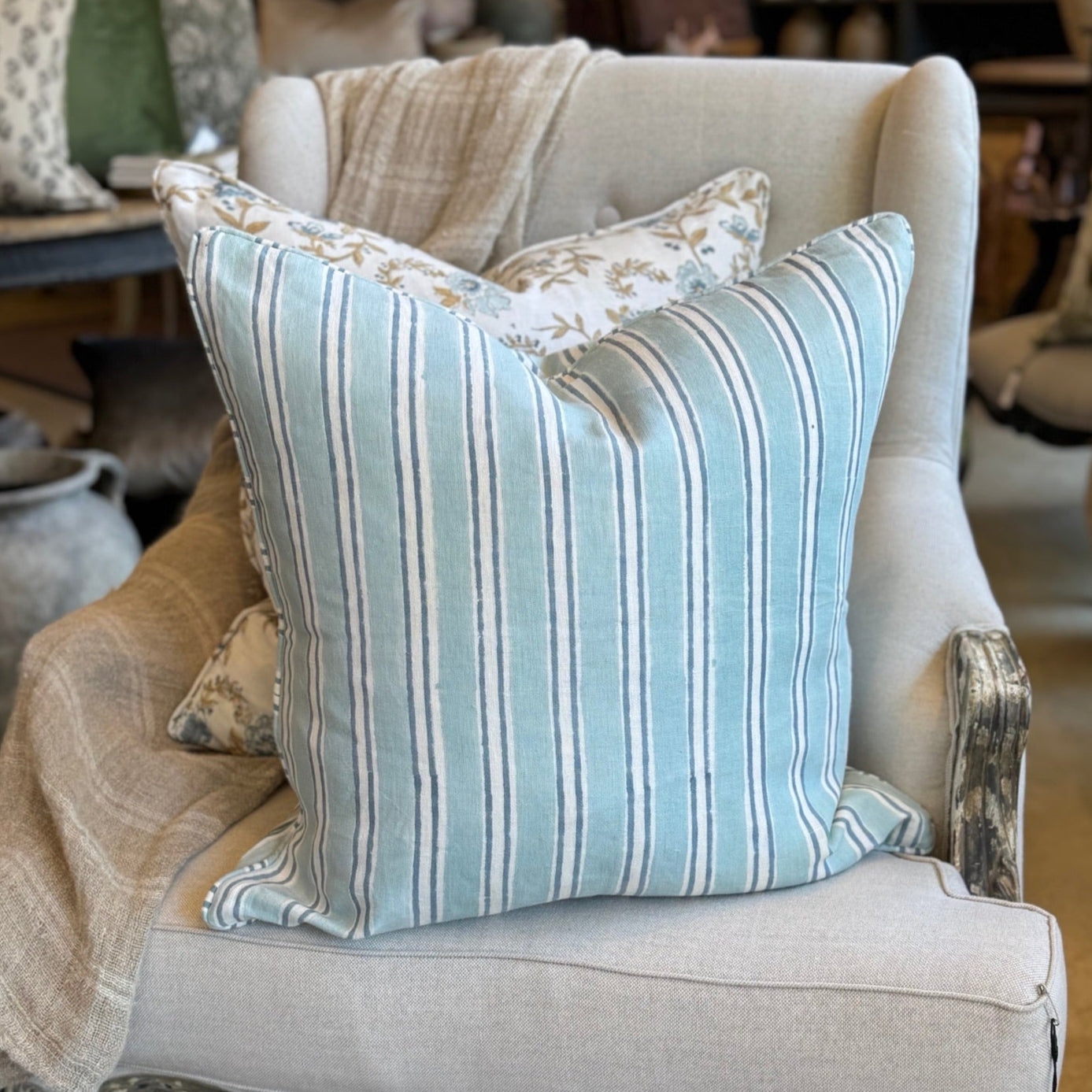Imperial Multi Blue Stripe Block Printed Cushion 55cm x 55cm