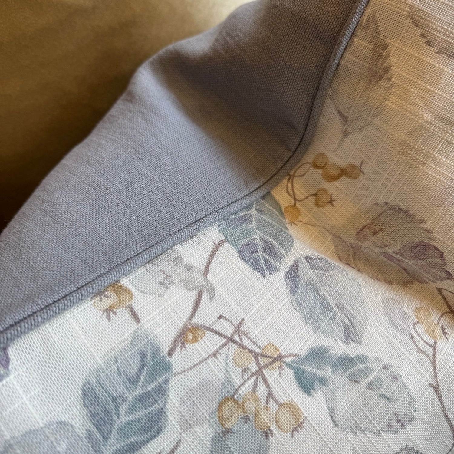 Close-up of a floral-patterned fabric with a neutral background