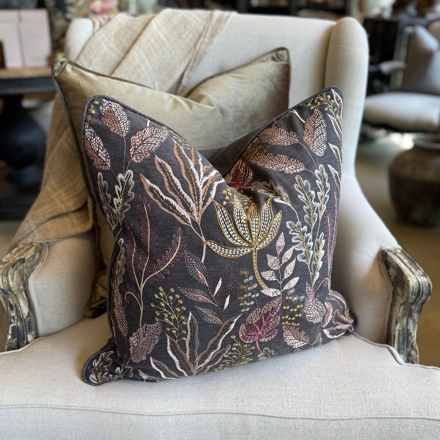 Dark Grey Embroidered Cushion 50cm x 50cm