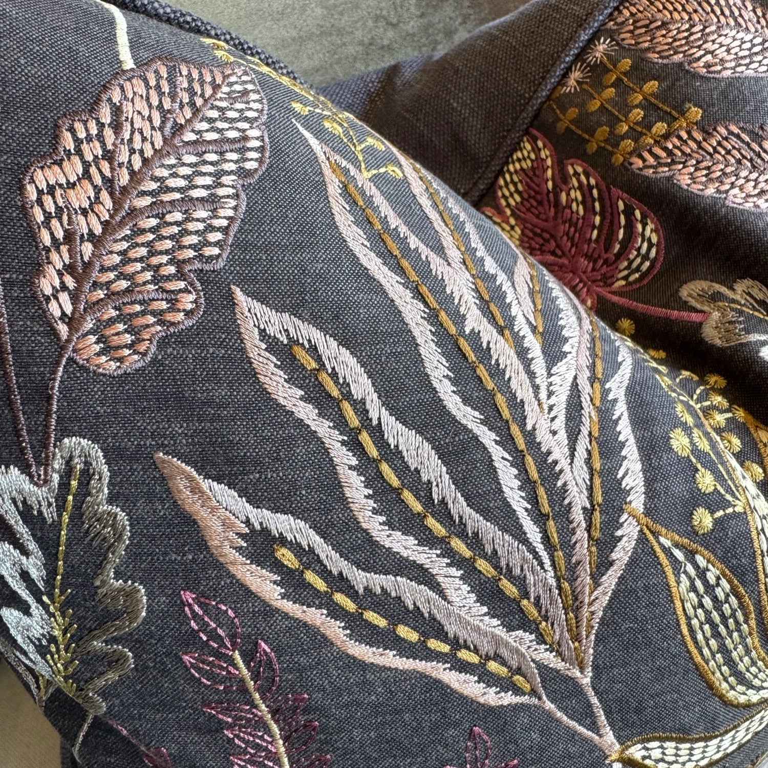 Close-up of embroidered fabric with floral patterns on a gray background