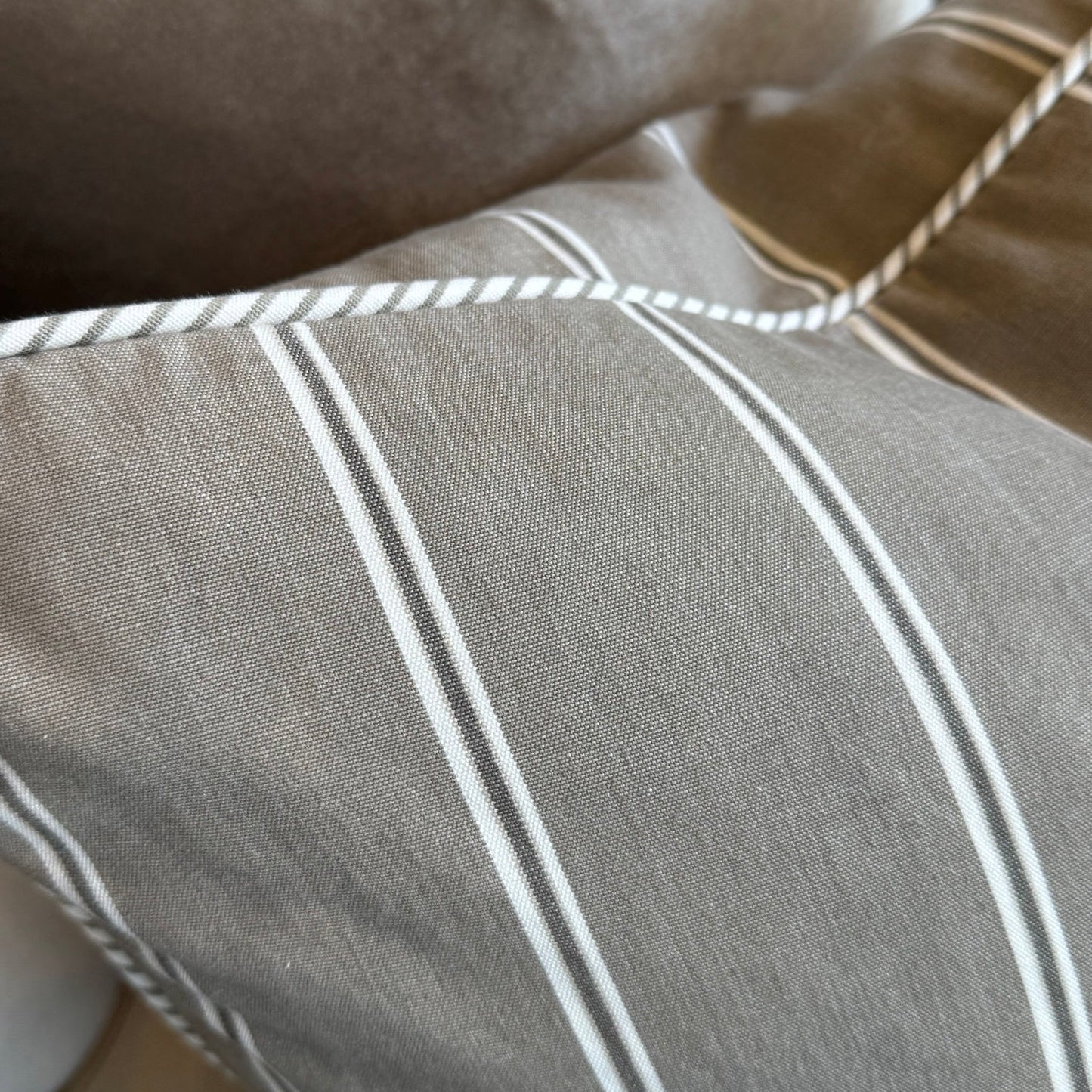 Taupe & White Panel Stripe Linen Cushion