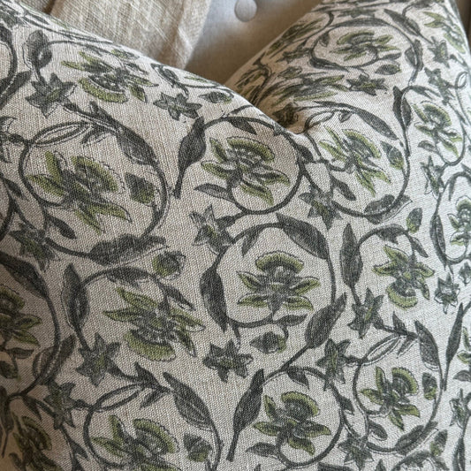 Vittoria Floral Hand Block Linen & Cotton Cushion - 60cm x 60cm