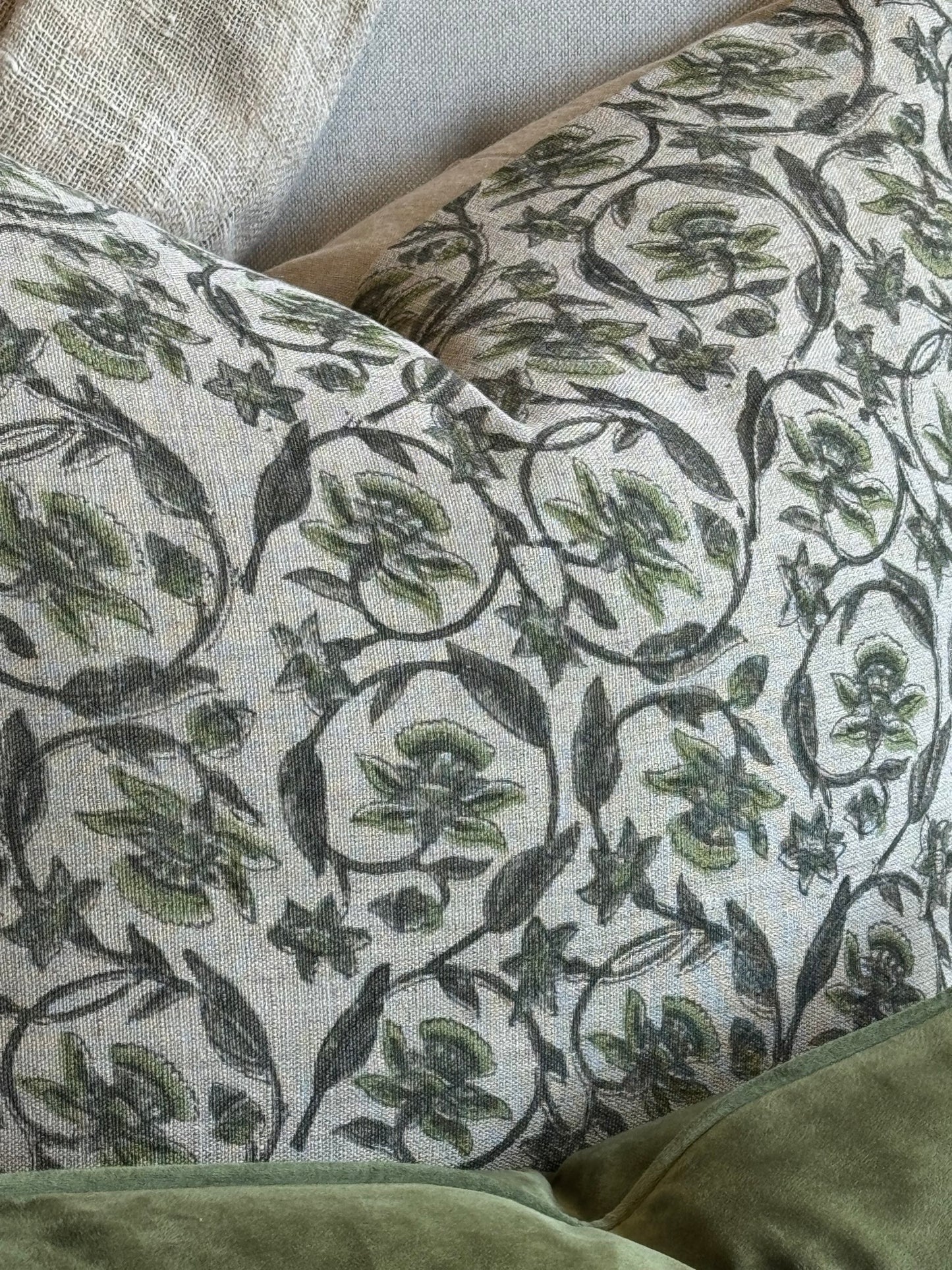 Vittoria Floral Hand Block Linen & Cotton Cushion - 60cm x 60cm