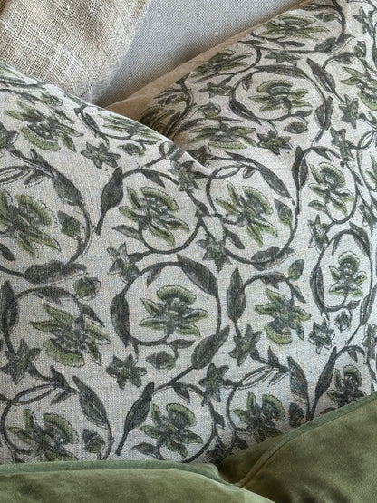 Vittoria Floral Hand Block Linen & Cotton Cushion - 60cm x 60cm