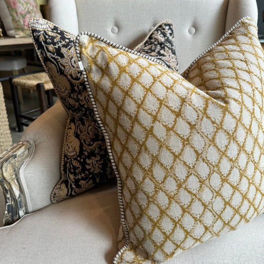 Elevate your home decor with the Cypress Block Printed Linen Ochre Cushion from CHAMOIS, a beloved Swedish brand known for their impeccable style. Crafted from premium Belgian 100% linen and featuring a soft feather insert, this cushion is a must-have for those who appreciate luxurious and high-quality design.