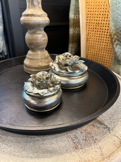 Enhance your home decor with the stunning Camelia Pewter Finish Trinket Box! This exquisite piece makes a perfect gift for storing jewellery or adding a touch of elegance to your bedside table.