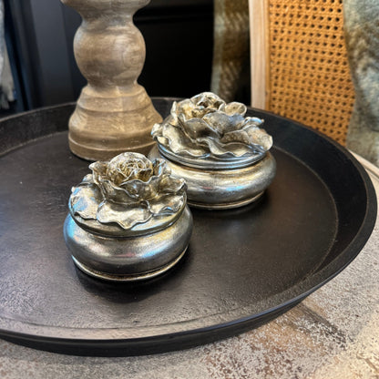 Enhance your home decor with the stunning Camelia Pewter Finish Trinket Box! This exquisite piece makes a perfect gift for storing jewellery or adding a touch of elegance to your bedside table.