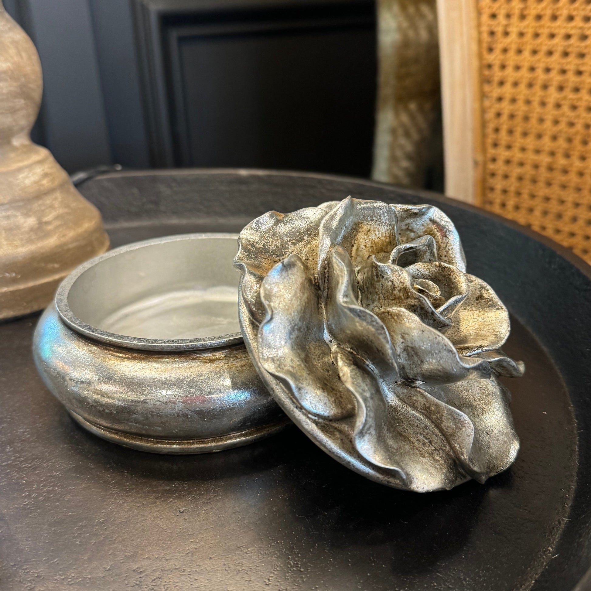 Enhance your home decor with the stunning Camelia Pewter Finish Trinket Box! This exquisite piece makes a perfect gift for storing jewellery or adding a touch of elegance to your bedside table.